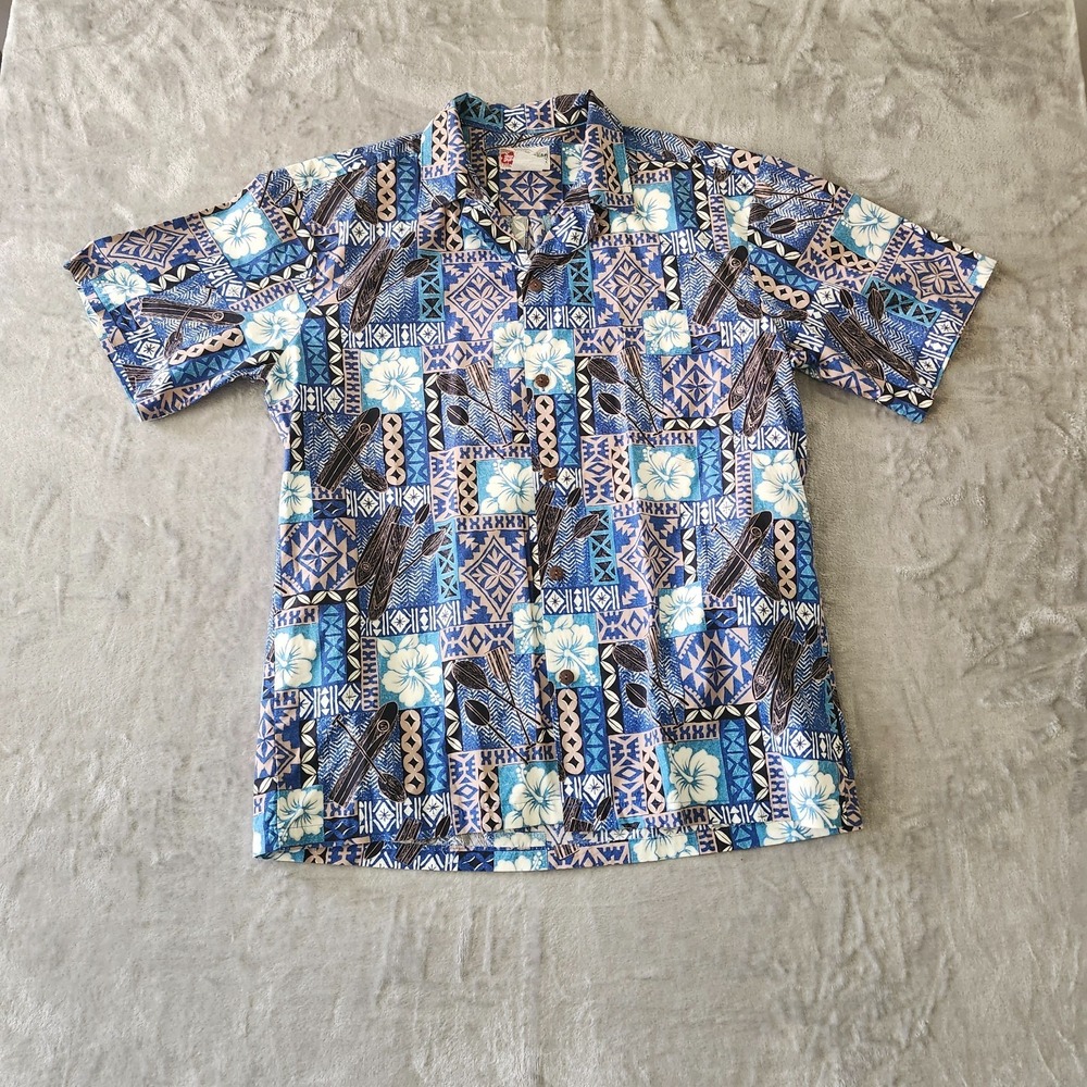 Hilo Hatties Hawaiian Shirt Mens L Blue Floral Hawaii Tropical Party Dad Surf‎
